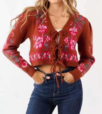 Merci Floral Knit Tie-Front Cropped Sweater Cardigan In Spice
