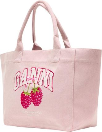 Ganni Womens Logo-Embroidered Cotton Tote Pink