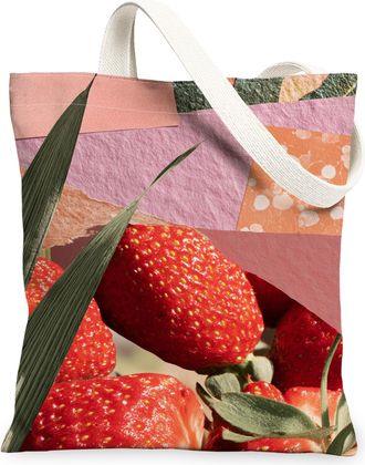 Generic Strawberry Pattern Canvas Tote Bags, Stylish Fruit Design Reusable Grocery Bags, Summer Lightweight Washable Shoulder Strap, Peach, 13x15 Inch