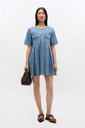 Ganni Blue Striped Denim Pleated Dress - Size 10/12 Organic Cotton