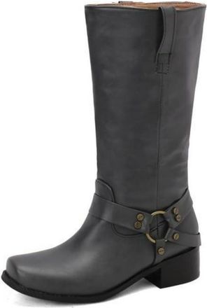 Generic Womens Pull on Knee High Boots with Buckle Closed Round Toe PU Leather Retro Dress Shoes Block Heel Long Boots,Grey,4.5 UK