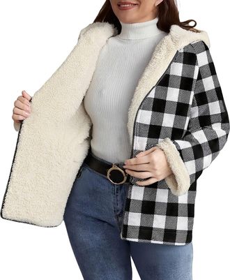 Generic Womens Checked Jackets Winter Cosy Warm Fleece Lined Coats Zip Up Hoodies Long Sleeeve Zipper Hoody Fuzzy Thermal Casual Plaid Jacket Autumn Winter Go