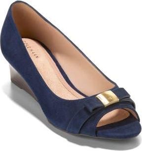 Cole Haan Go-To Malta Bow Peep Toe Wedge Pump in Midnight Moon Suede at Nordstrom Rack, Size 6.5