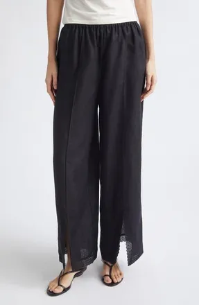 Poss&eacute; Alfie Lace Trim Wide Leg Linen Pants in Black at Nordstrom, Size Xx-Large