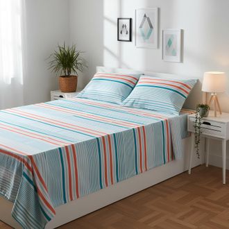 KASANOVA Completo letto matrimoniale righe azzurre arancione