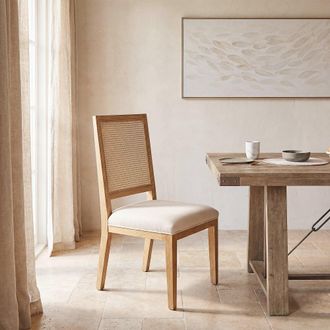 Maisons du monde Silla de tejido de poli&eacute;ster reciclado beige, madera de fresno y rejilla de rat&aacute;n
