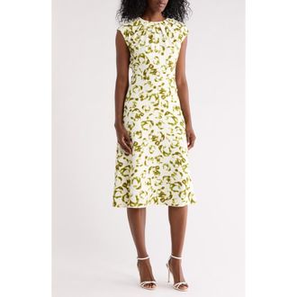 Nordstrom Rack Floral Pleat Neck Cap Sleeve Midi Sheath Dress in Ivory Tofu- Olive Floral Camo at Nordstrom Rack, Size Xx-Small