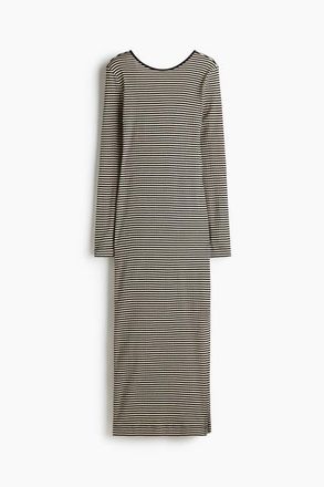 H&M Ribbed Scoop-back Dress in Black/beige Striped at Nordstrom, Size 3X-Large