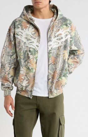 PacSun Chaos Appliqu&eacute; Camouflage Zip Hoodie in Green at Nordstrom, Size X-Large