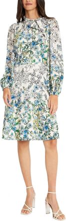 Maggy London Long Sleeve Tie Neck Floral Dress In Ivory Blue