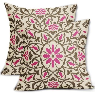 OEM Fundas De Coj&iacute;n De Estilo Bohemio En Tonos Marr&oacute;n Y Rosa Brillante, 20x20 Pulgadas, Estampado Floral Vintage, Funda De Lino, Decoraci&oacute;n De Estilo R&uacute;st