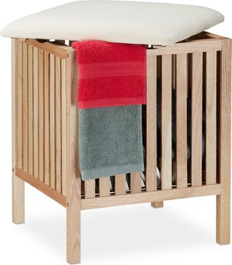 Relaxdays Taburete Cuadrado Con Cesto Ropa Sucia, Banco Almacenaje Madera/tela, Ba&ntilde;o 40l, 51x41x41cm, Natural/blanco - Relaxdays
