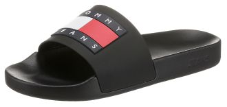 Tommy Jeans Pantolette TOMMY JEANS TOMMY JEANS FLAG POOL SLD ESS, Damen, Gr. 37, schwarz, Synthetik, Schuhe Pantolette, Sommerschuh, Schlappen mit farbiger Logofl