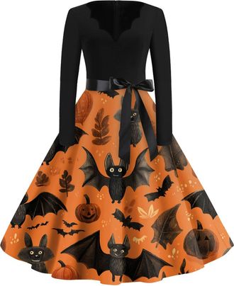 Generic Womens Halloween Cocktail Dress, Long Sleeve V-Neck Bodycon with Waist Tie, Spooky Chic for Party & Night Events,Yellow,XL