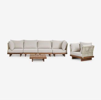 Sklum Conjunto De Sal&oacute;n Con Sof&aacute; Modular De 4 Piezas Con 2 Sillones Esquineros, Mesa De Centro Y Sill&oacute;n En Madera De Acacia Dailin Sklum
