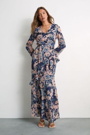Warehouse Womens Long Sleeve Cowl Neck Floral Print Ruffle Detail Maxi Dress - Multicolour - Size 16 UK