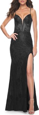 La Femme Stretch Lace Fitted Dress with Illusion Bustier Top in Black at Nordstrom, Size 10