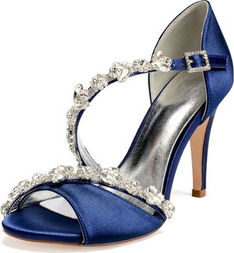 Generic Wedding Bridal Shoes Womens Heels Ankle Strap High Heels Heeled Open Toe Satin Bridal Stiletto Sandals 10.5Cm,Dark Blue,8 UK