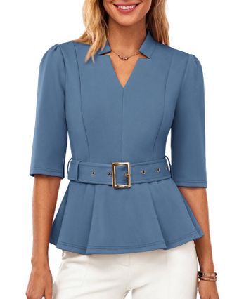 Grace Karin Women 3/4 Sleeve Wrap Blouse Casual V Neck Peplum Shirts Elegant Slim Fit Office Work Tops with Belt Gray-Blue L