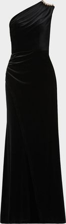 Shoshanna Ola Pleated One-Shoulder Stretch Velvet Gown