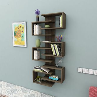 Dmora Librer&iacute;a Trenzano, Biblioteca 11 Estantes, Instalaci&oacute;n En Pared, Color Nogal, 75x21x161h Cm Marr&oacute;n Nogal