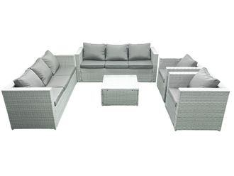 Fimous Outdoor Rattan Sofa Garden Furniture Set with 2 Armchairs Square Coffee Table Light Grey Mixed