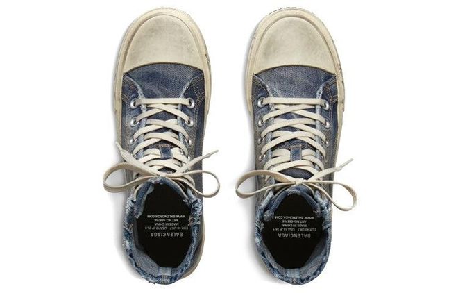 Balenciaga Paris High Top Sneakers Blue Destroyed Denim and Rubber