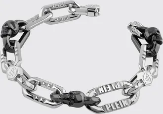 Philipp Plein Bracciale Edge bicolore in acciaio con logo inciso e dettaglio Skull