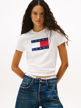 Tommy Jeans Kurzarmshirt TOMMY JEANS TJW REG TJ FLAG SS TEE, Damen, Gr. L (42/44), beige (ecru), Single Jersey, Obermaterial: 100% Baumwolle, bedruckt, regular fi