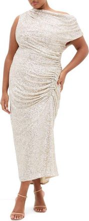 City Chic Sequin Star One-Shoulder Maxi Gown in White Gold at Nordstrom, Size 22W