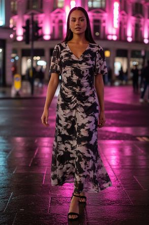 Roman Printed Mesh Ruched Midi Dress