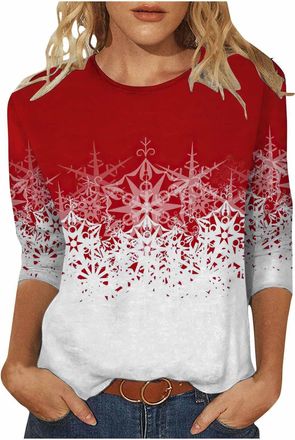 Generic Womens Christmas T Shirts UK 2025 Fashion 3/4 Sleeve Crewneck Tops Loose Fit Xmas Santa Tree Wine Snowflake Graphic Print Blouse Holiday Cute Tshirts