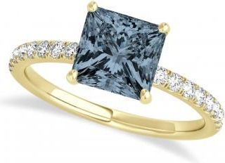 Allurez Princess Gray Spinel & Diamond Single Row Hidden Halo Engagement Ring 14k Yellow Gold (0.81ct)