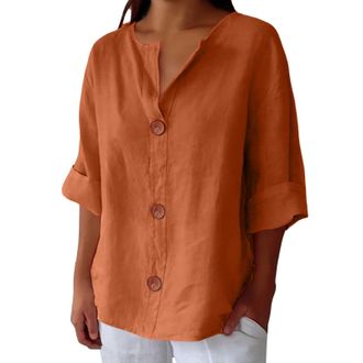 Generic Ladies Plus Size 3/4 Sleeve Linen Tops for Women UK Sales Short Sleeve Cotton Linen Tops Summer V Neck Casual Loose Vacation Beach Solid Color Blouses