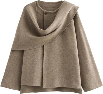 Generic Womens Fashion Asymmetric Scarf Collar Knitted Short Jacket Fall and Winter Warm Elegant Casual Outdoor Shopping Party Jacket (Khaki,M)