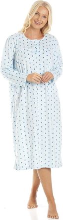 Camille Ladies Long Sleeved Nightdress - Polka Dot Smooth Womens Nightwear - Fleece Nightie with Round Neck Button Fastening Blue 14-16