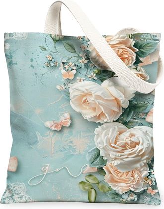 Generic Floral Canvas Tote Bags, Elegant Rose Design Reusable Grocery Bags, Spring Vintage Lightweight Washable Shoulder Strap Canv, Blue, 13x15 Inch