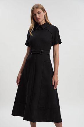 Karen Millen Womens Compact Stretch Tab Detail Full Skirted Midi Dress - Black - Size 16 UK