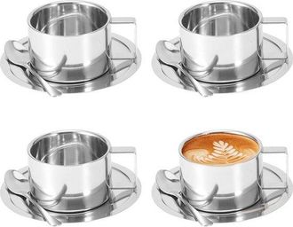 OEM Juego De Tazas De Caf&eacute; De Acero Inoxidable, 4 Piezas, 180 Ml, Doble Pared, Incluye Cuchara Y Platillo, Aptas Para Caf&eacute;, Latte, T&eacute; Y Leche