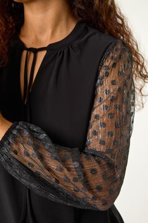 Roman Tie Neck Plisse Sleeve Top