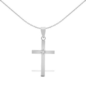 Jewelco London 18ct White Gold 0.03ct Diamond Minimalist Solitaire Cross Pendant in Silver