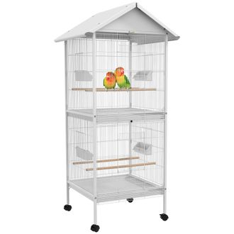 OEM Jaula Para P&aacute;jaros Grande De 2 Pisos Convertible En Sola Jaula Con Ruedas Comederos 4 Perchas 78x75x168 Cm Blanco