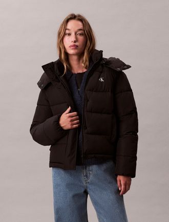 Calvin Klein Jeans Steppjacke CALVIN KLEIN JEANS MATTE MONOLOGO MW SHORT PUFFER, Damen, Gr. L (42), schwarz, Web, Obermaterial: 100% Polyester, unifarben, regular fit no