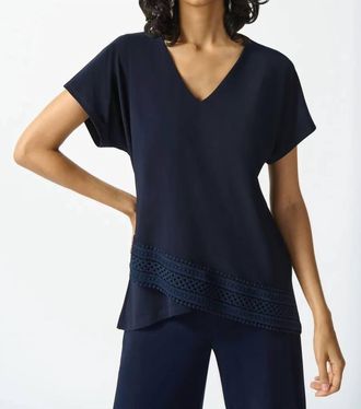 Joseph Ribkoff Lace Trim V-Neck Top In Midnight Blue