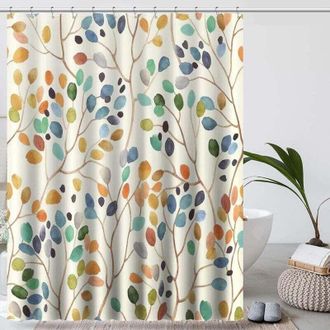 OEM Cortina De Ducha Antimoho De 180x200cm, Color Beige, Lavable A M&aacute;quina, Con Estampado Bot&aacute;nico Colorido Y Perforaciones, De Tela, Ideal Para El Ba&ntilde;o, 