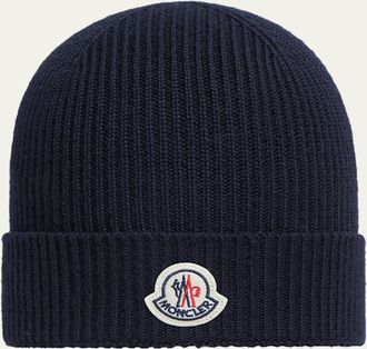 Moncler Mens Logo Emblem Wool-Knit Beanie Hat