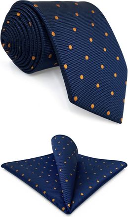Shlax & Wing Dotty Necktie and Pocket Square Set for Men Navy Blue Orange Dots Tie and Handkerchief Extra Long 63