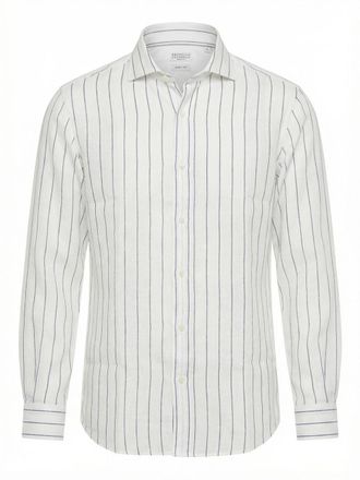 Brunello Cucinelli Stripe Linen Easy Fit Shirt With Spread Collar