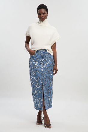Karen Millen Womens Sequin Denim Pencil Skirt - Blue Cotton - Size 10 UK