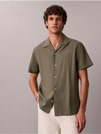 Calvin Klein Mens Linen Cotton Short Sleeve Button-Down Shirt - Green - XL